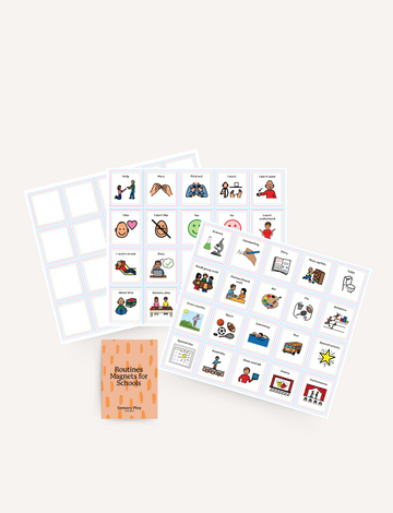 Three illustrated School Routine Magnet Set sheets by Sensory Play Australia, with classroom routines and blanks, are shown next to a small orange "Routines Magnets for Schools" booklet—ideal for visual learners.