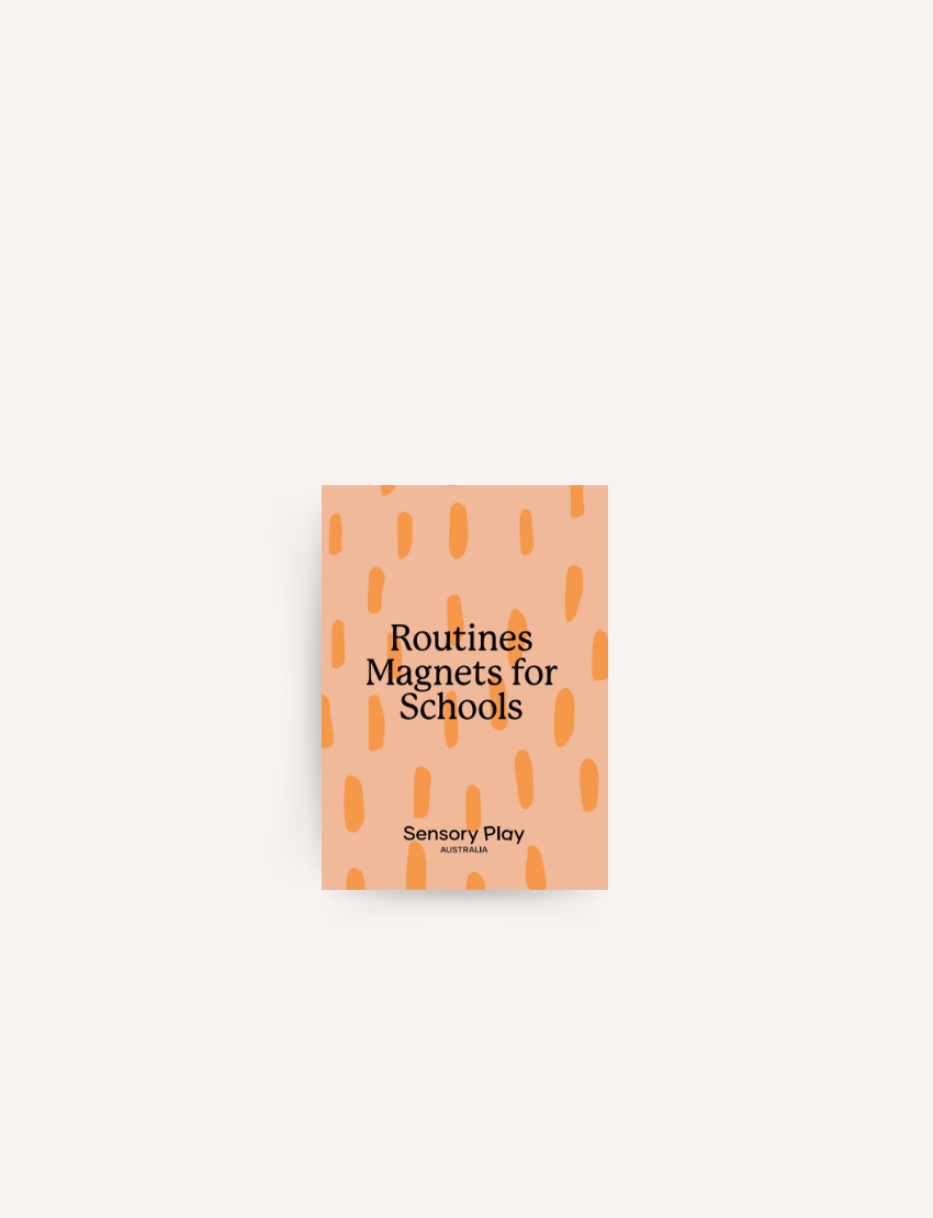Three illustrated School Routine Magnet Set sheets by Sensory Play Australia, with classroom routines and blanks, are shown next to a small orange "Routines Magnets for Schools" booklet—ideal for visual learners.