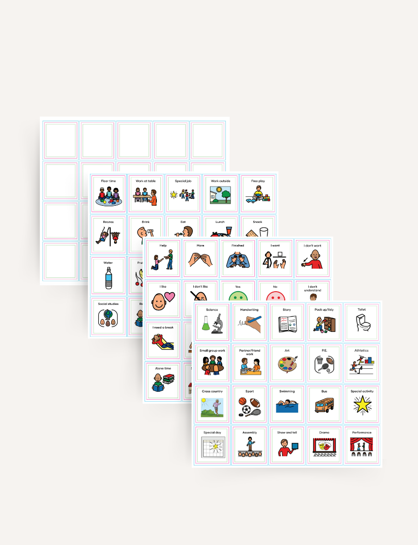 Three illustrated School Routine Magnet Set sheets by Sensory Play Australia, with classroom routines and blanks, are shown next to a small orange "Routines Magnets for Schools" booklet—ideal for visual learners.