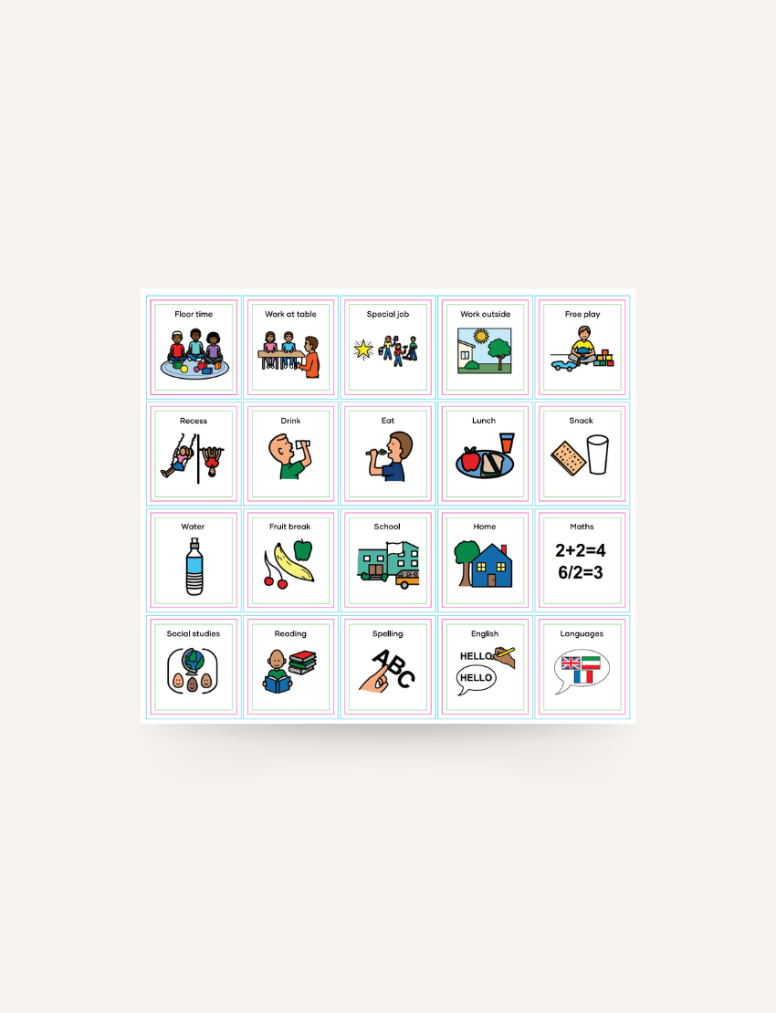 Three illustrated School Routine Magnet Set sheets by Sensory Play Australia, with classroom routines and blanks, are shown next to a small orange "Routines Magnets for Schools" booklet—ideal for visual learners.