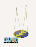 A circular platform swing with yellow, blue, and orange sections hangs by ropes. The product box shows kids using the b4Adventure Sky Adventure Swing Chair with the text 