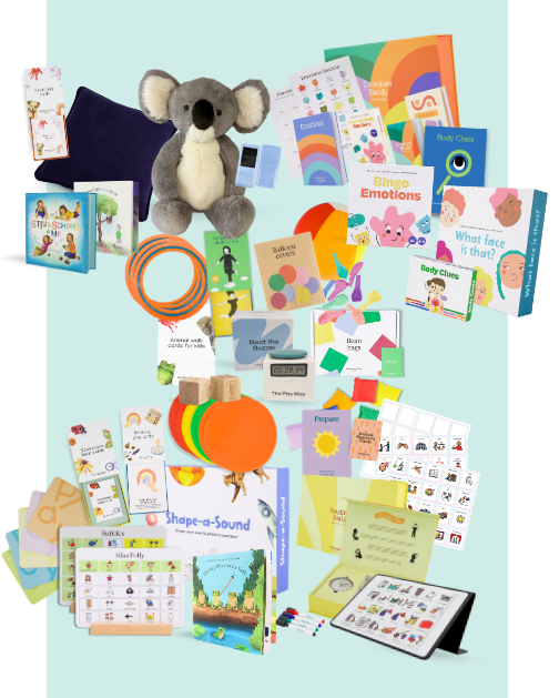 Educational materials and toys for children on a light blue background